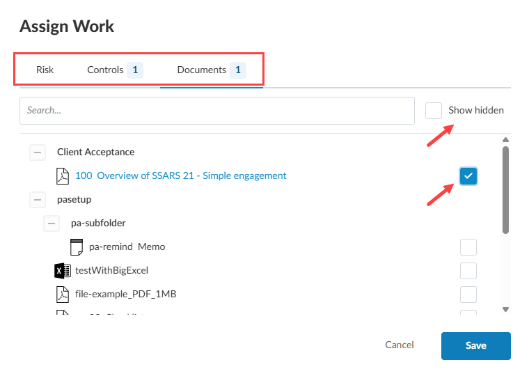the user interface for the component dialog box for assigning work from the work areas selected for the engagement.